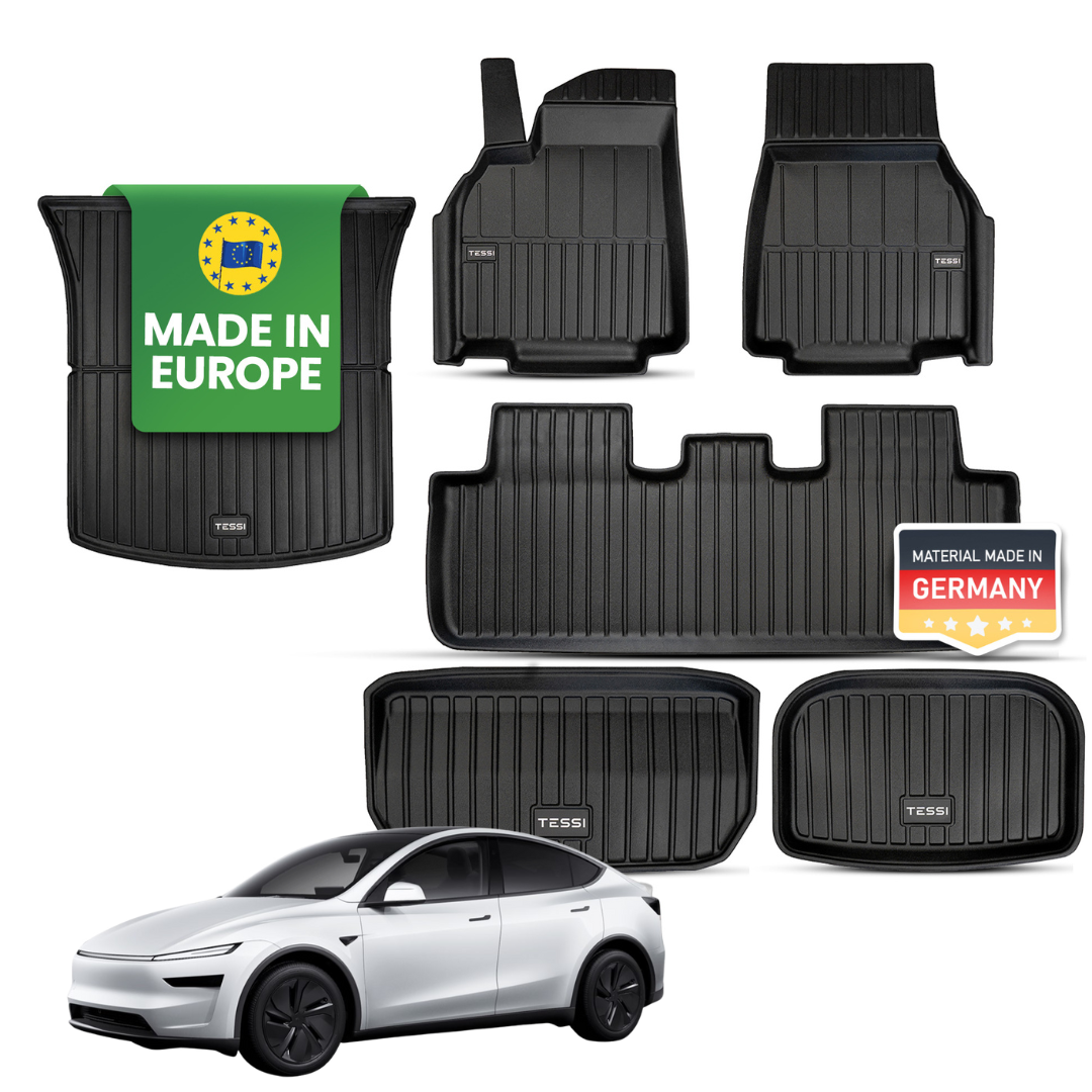 Tesla Model Y 2025 Premium Gummimatten – Tessi® Greenline 6-teiliges Set | 77 % Recycling, Made in EU, wasserdicht & passgenau entwickelt