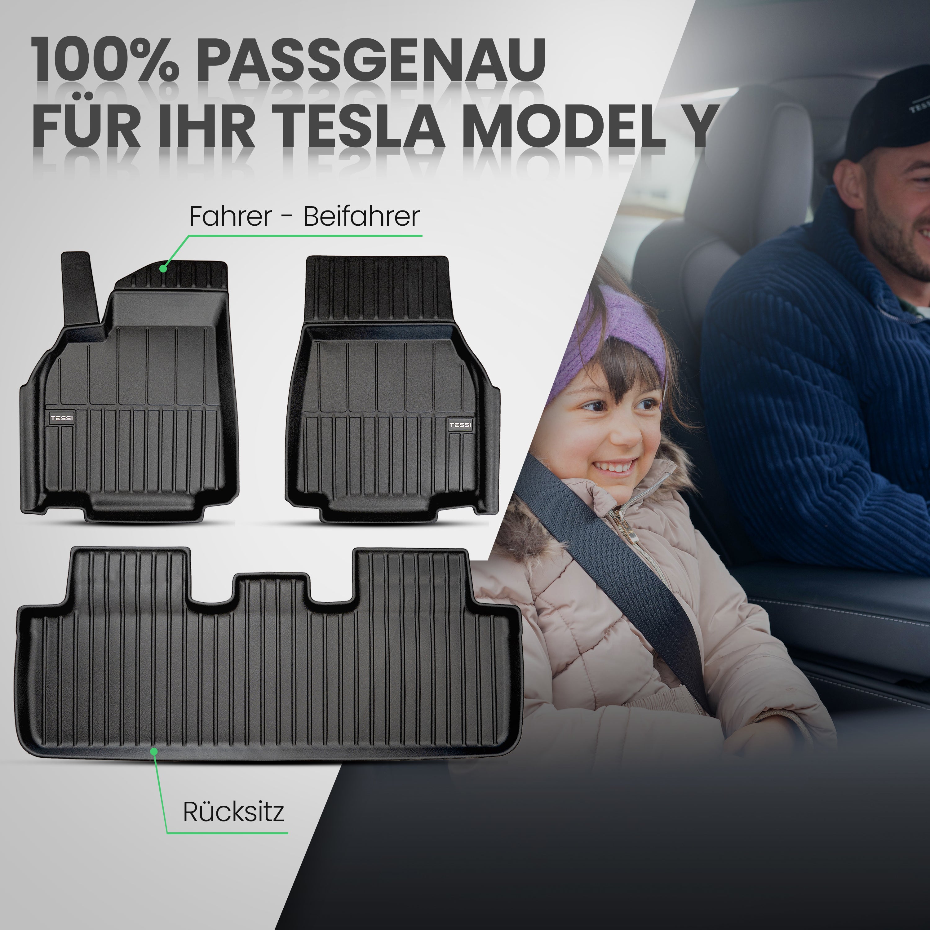 Tesla Model Y 3-teiliges Gummimattenset Innenraum Tessi® Greenline 75% Recycling Material