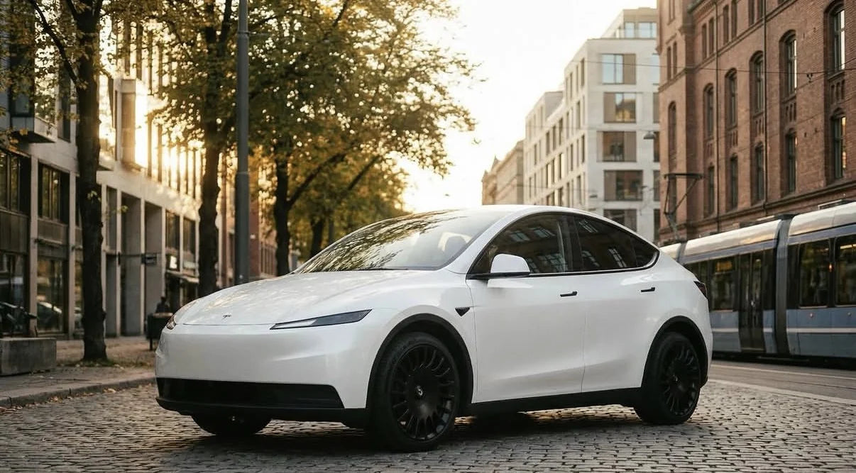 Tesla Model Y Juniper mit TNA Razor V2 Felgen 19 Zoll Schwarz Matt in der Stadt