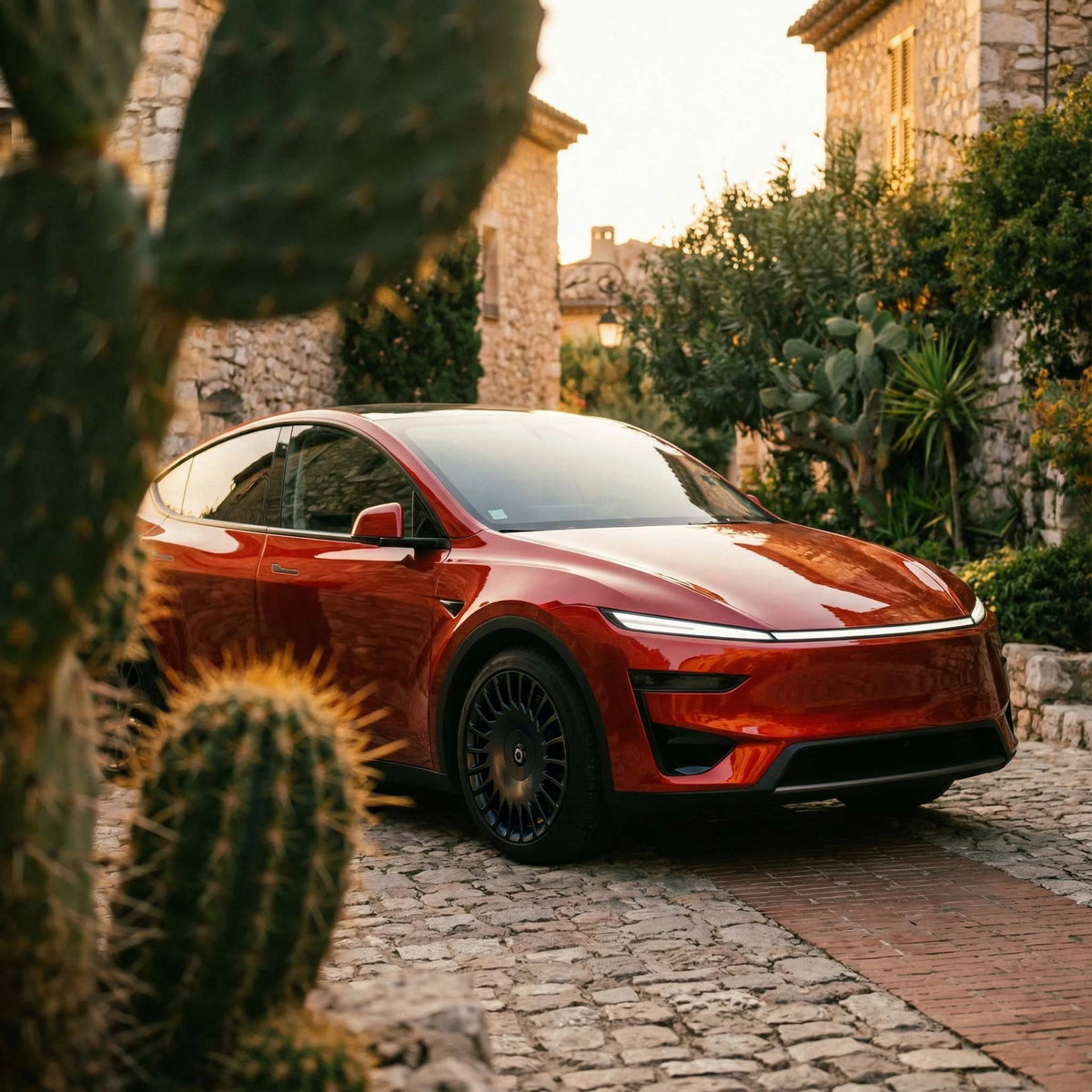 Rotes Tesla Model Y mit The New Aero Razor V2 Felgen 19 Zoll Smooth Stealth in einer Altstadtgasse