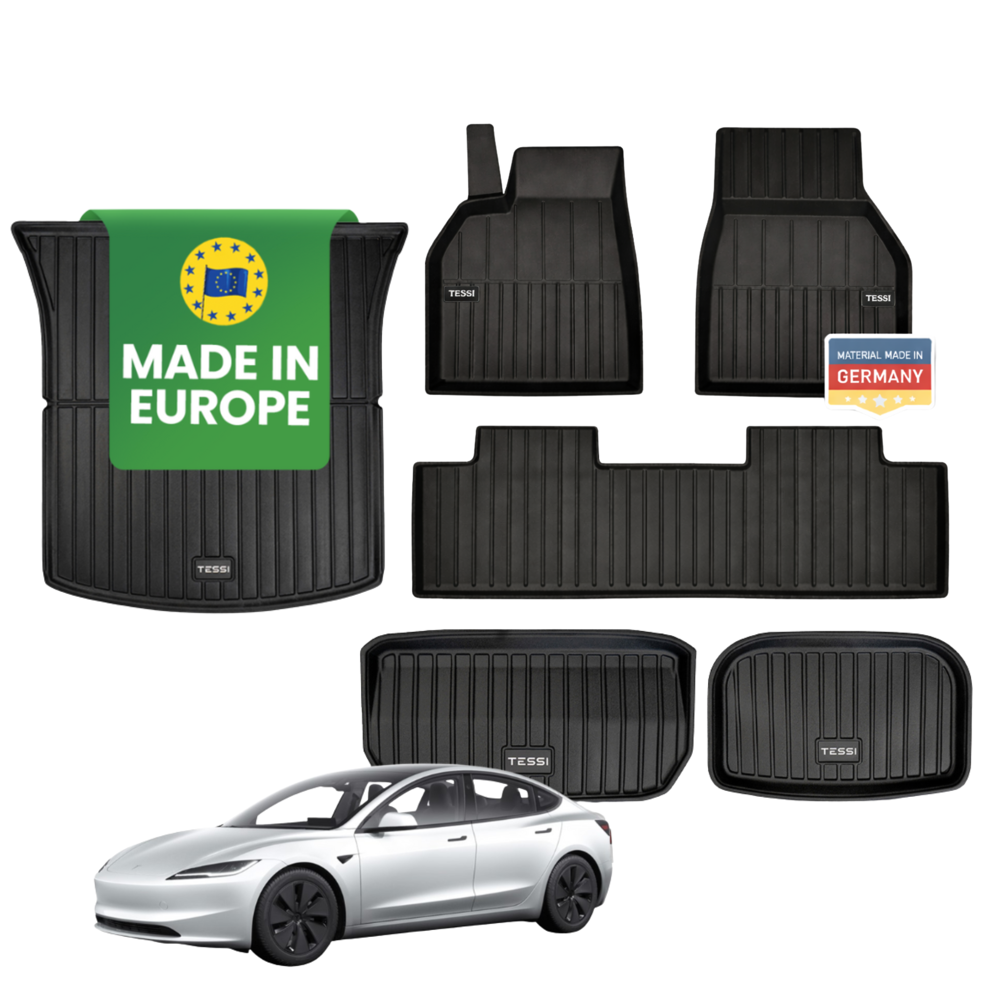 Tesla Model 3 Highland 6 -teiliges Gummimattenset Tessi® Greenline 75% Recycling Material