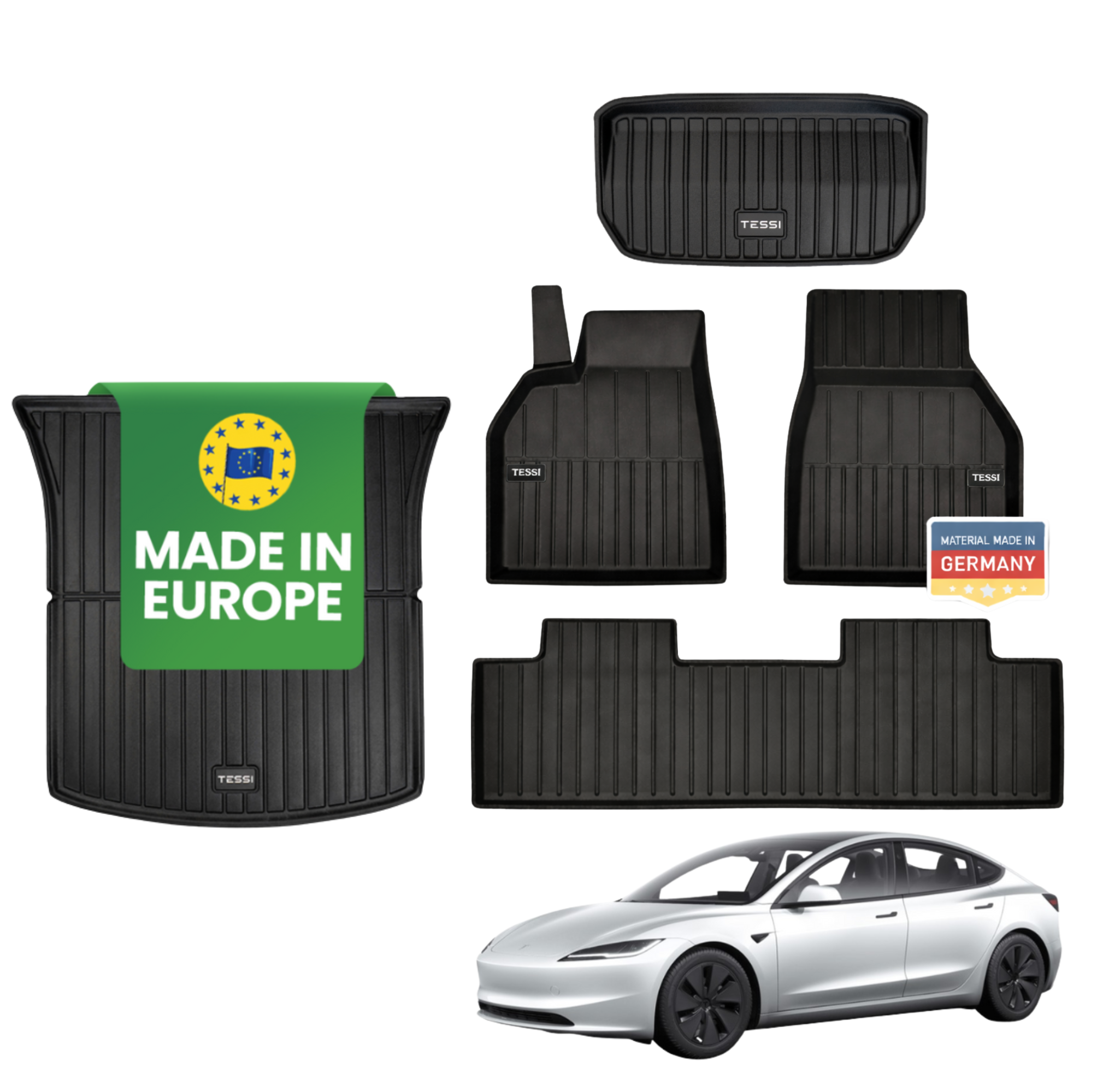 B-Ware Tesla Model 3 Highland 5-teiliges Premium Gummimattenset Tessi® Greenline 75% Recycling Material