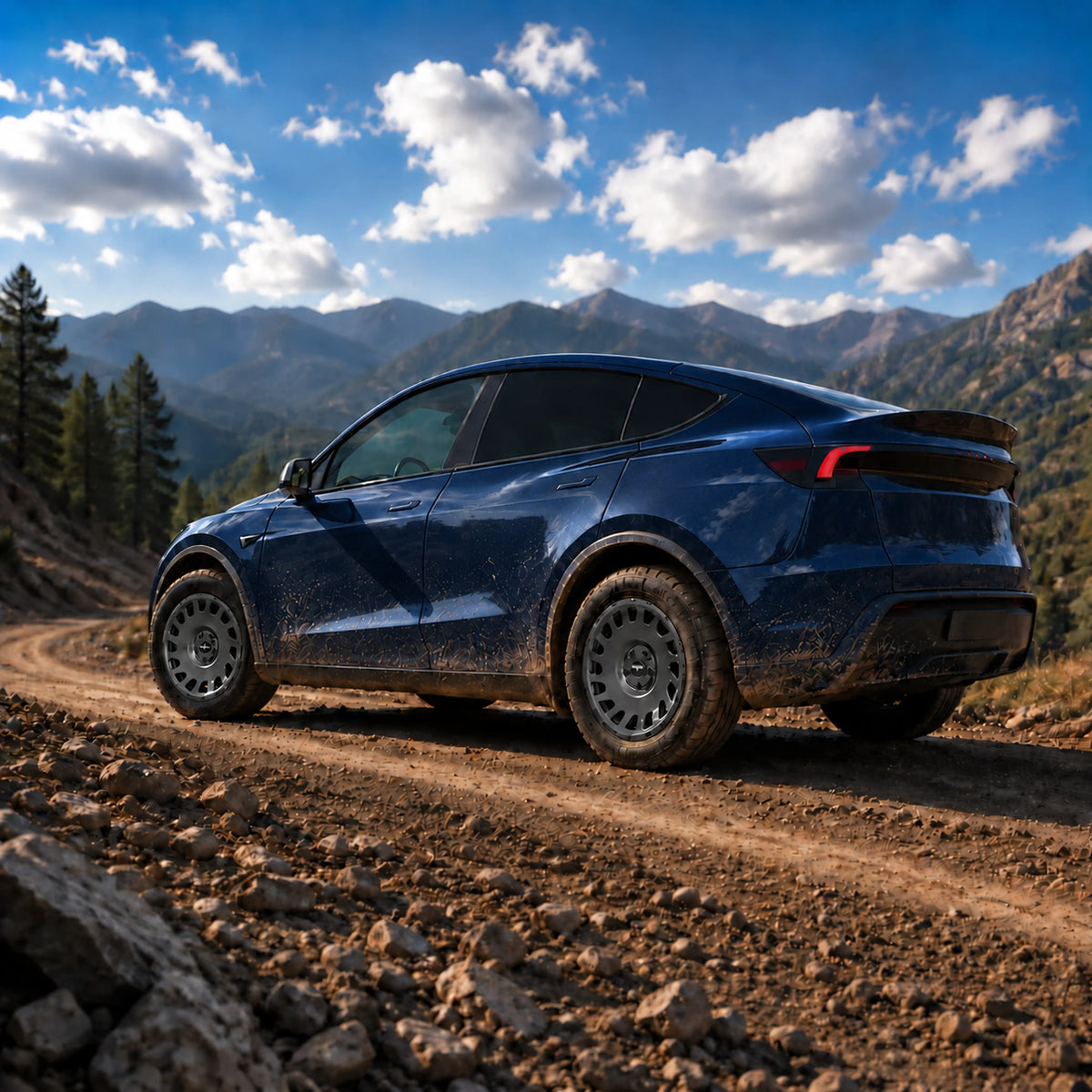 Tesla Model Y Juniper in Deep Blue Metallic mit Erion 10 Kompletträdern in Chrome Shadow Grey Metallic