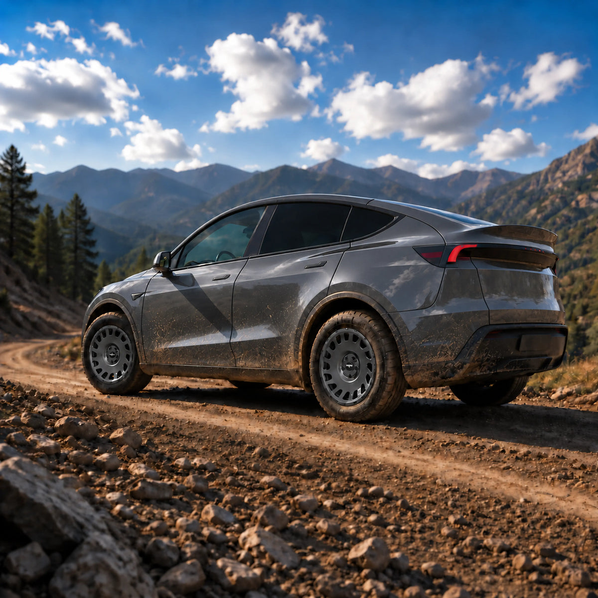 Tesla Model Y Juniper in Midnight Silver Metallic mit Erion 10 Kompletträdern in Chrome Shadow Grey Metallic