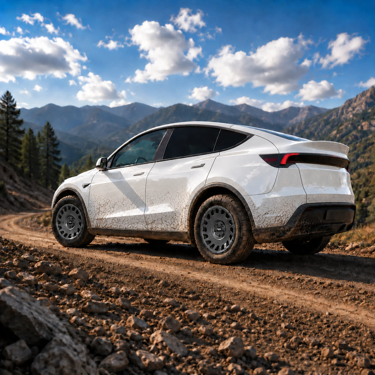 Tesla Model Y Juniper in Pearl White Multi-Coat mit Erion 10 Kompletträdern in Chrome Shadow Grey Metallic