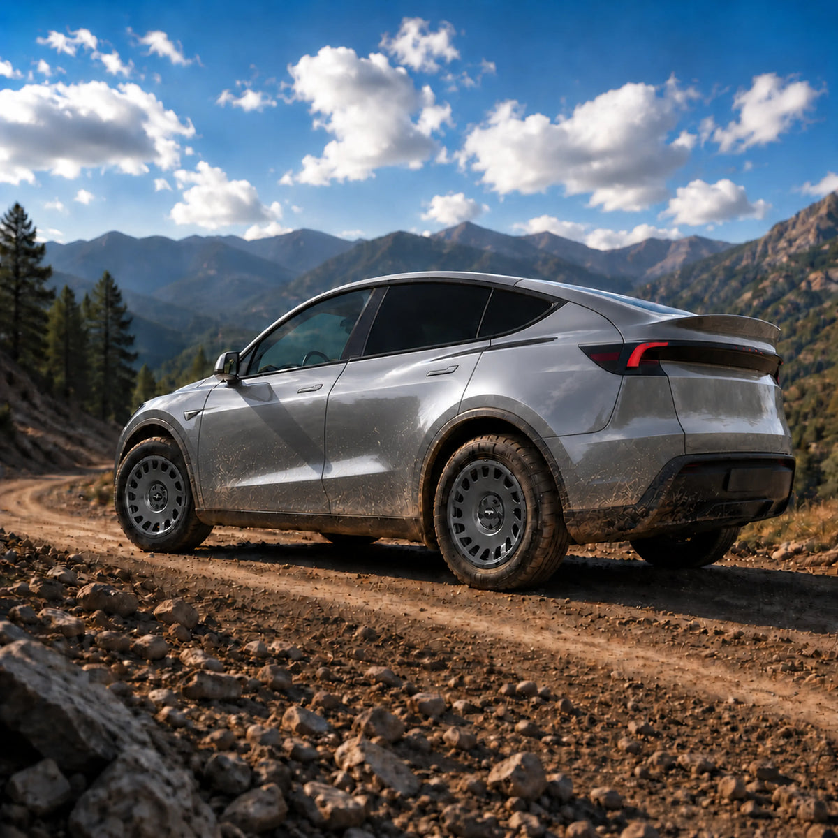 Tesla Model Y Juniper in Quicksilver mit Erion 10 Kompletträdern in Chrome Shadow Grey Metallic