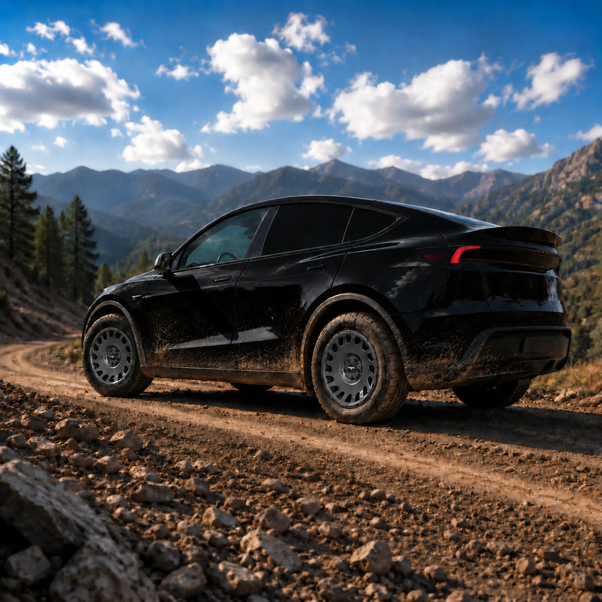 Tesla Model Y Juniper in Solid Black mit Erion 10 Kompletträdern in Chrome Shadow Grey Metallic