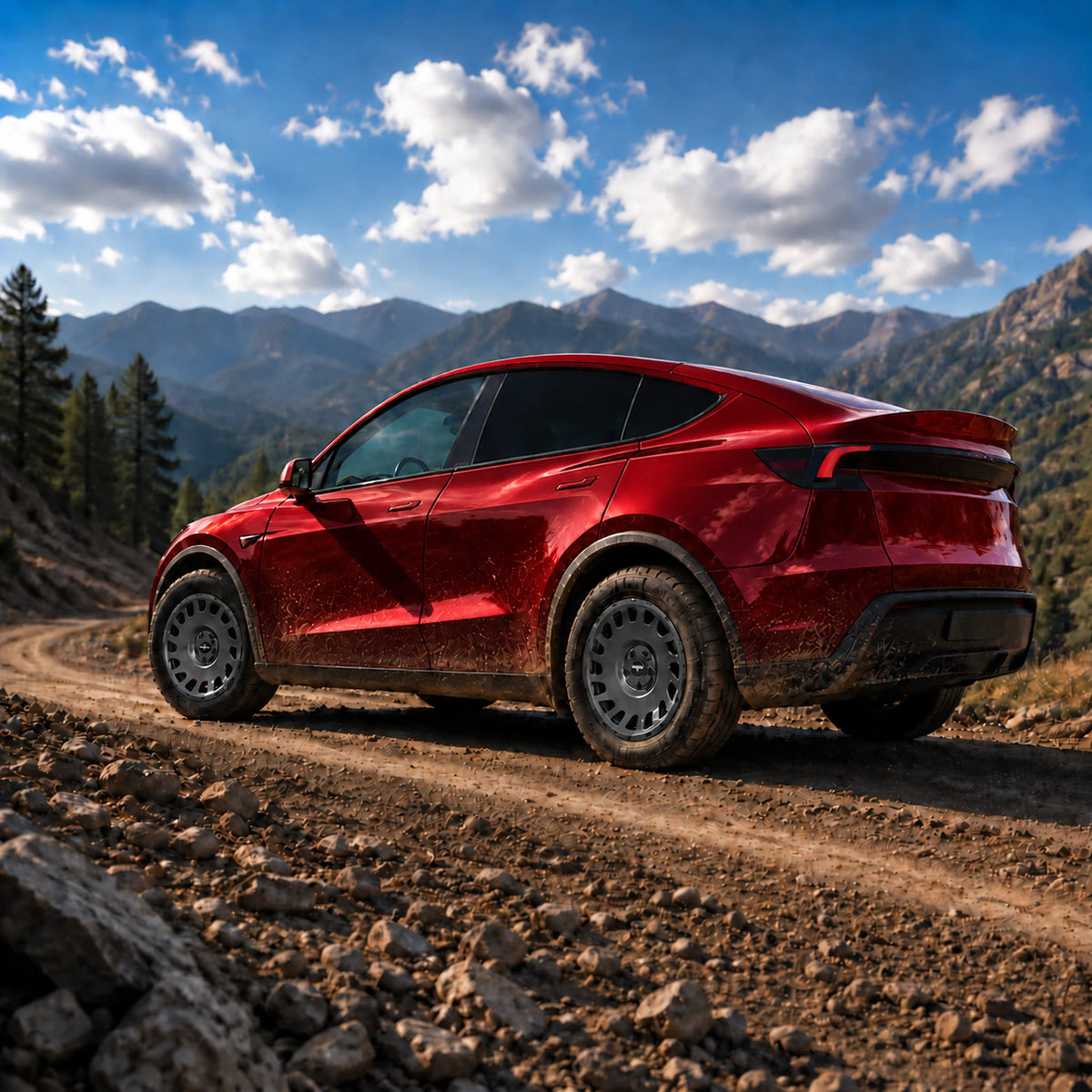 Tesla Model Y Juniper in Ultra Red Multi-Coat mit Erion 10 Kompletträdern in Chrome Shadow Grey Metallic
