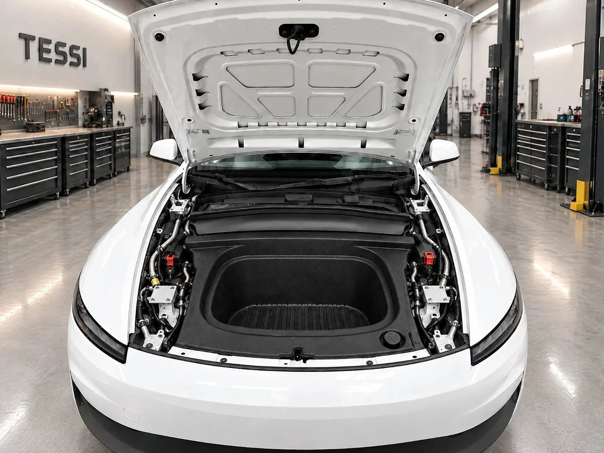 Visualisierung: Frunk des Tesla Model Y Juniper Standard im Serienzustand mit sichtbaren Bauteilen