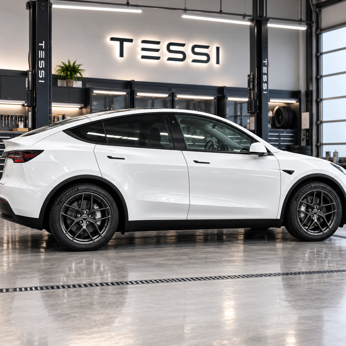 Weißer Tesla Model Y mit Borbet Y E-Grey 19 Zoll Kompletträdern, Seitenansicht