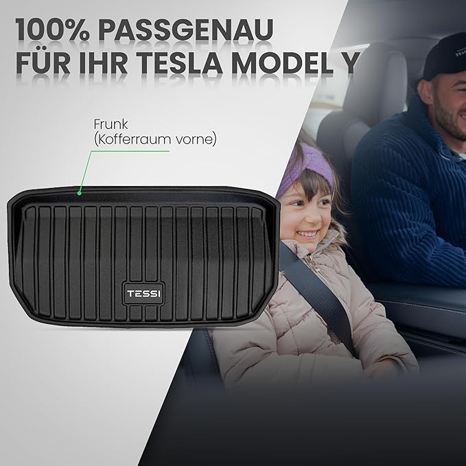 Tesla Model Y 2025 Premium Gummimatte Frunk (vorderer Kofferraum) – Tessi® Greenline | 77 % Recycling, Made in EU, wasserdicht & passgenau