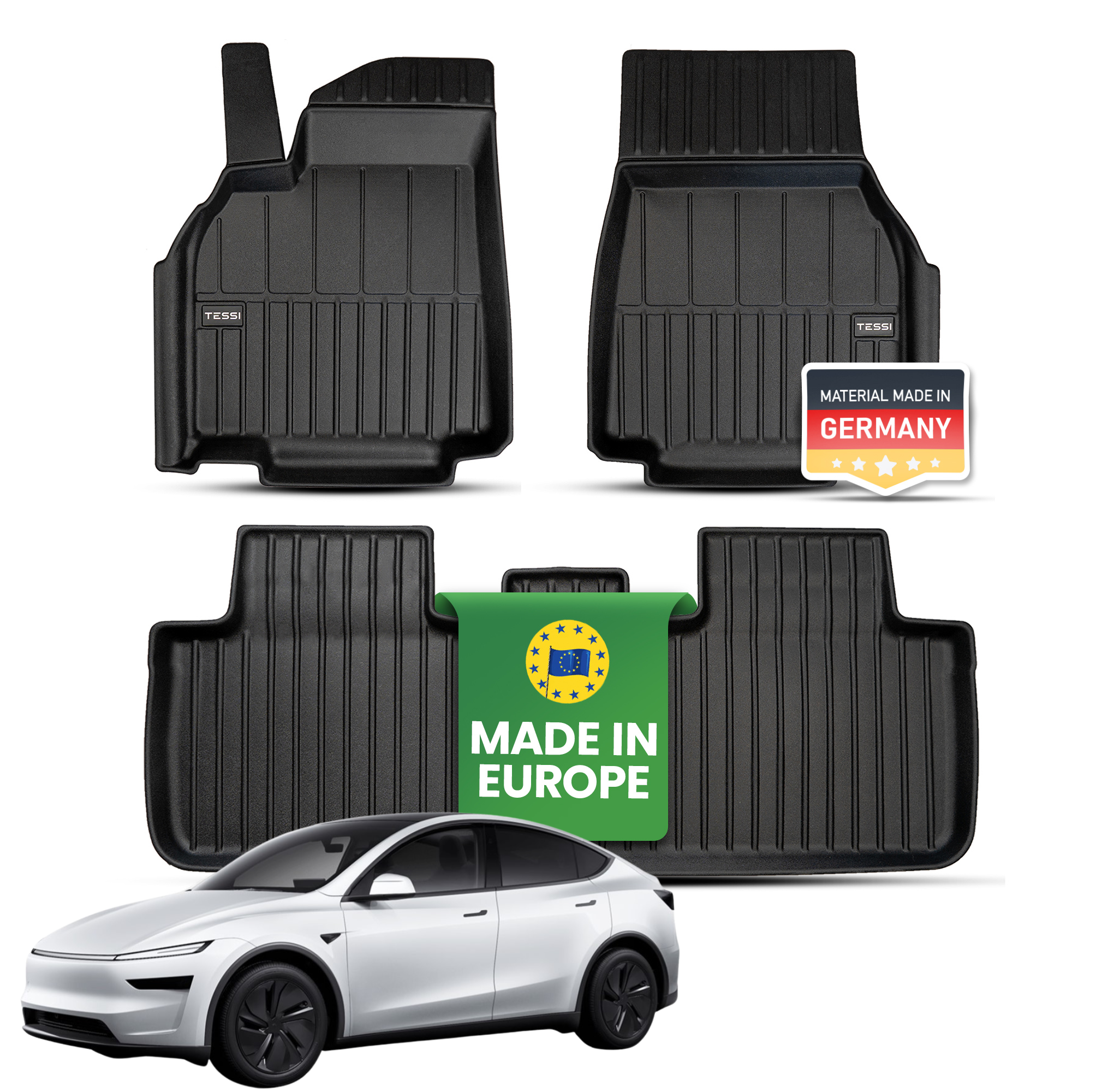 Tesla Model Y 2025 Juniper Premium Gummimatten – Tessi® Greenline 3-teiliges Set | 77 % Recycling, Made in EU, wasserdicht & passgenau