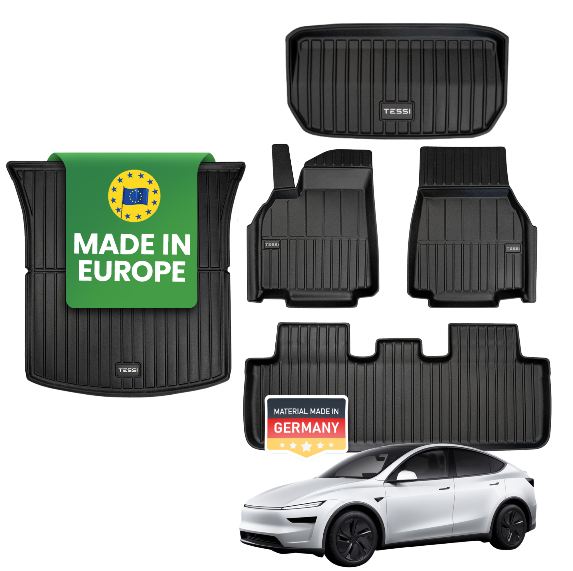 Tesla Model Y 2025 Premium Gummimatten – Tessi® Greenline 5-teiliges Set | 77 % Recycling, Made in EU, wasserdicht & passgenau