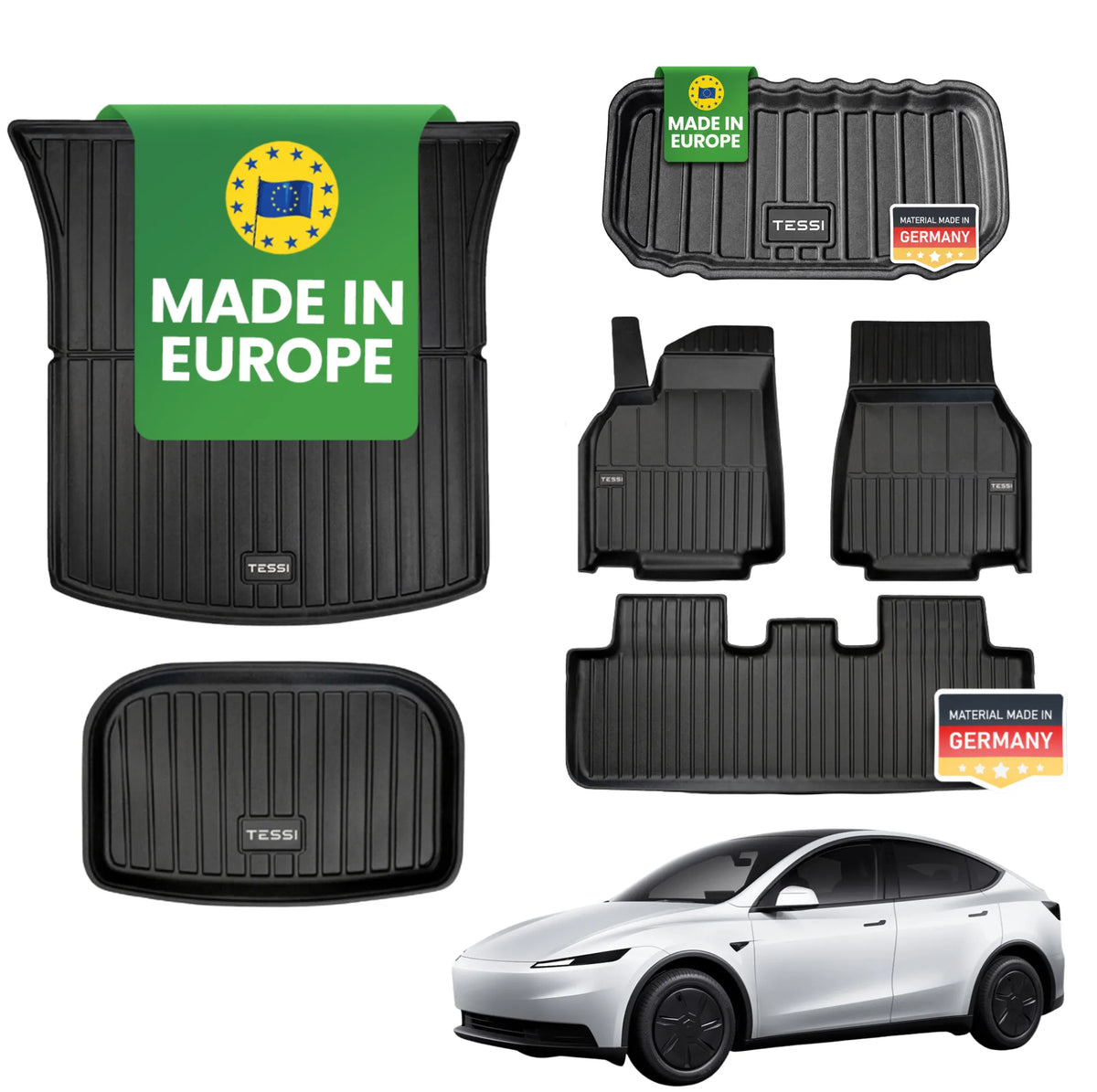 Tesla Model Y 2025+ Standard Gummimatten – Tessi® Greenline 6-teiliges Set | 75 % Recycling, Made in EU, wasserdicht & passgenau entwickelt