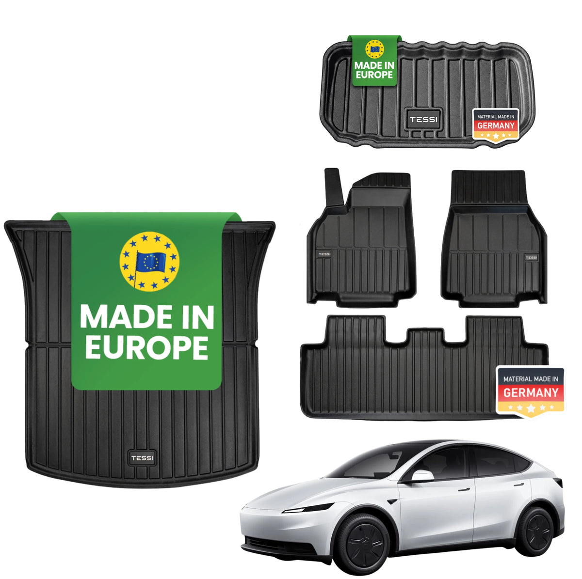 Tesla Model Y Standard 2026 Premium Gummimatten – Tessi® Greenline 5-teiliges Set | 75% Recycling, Made in EU, wasserdicht & passgenau