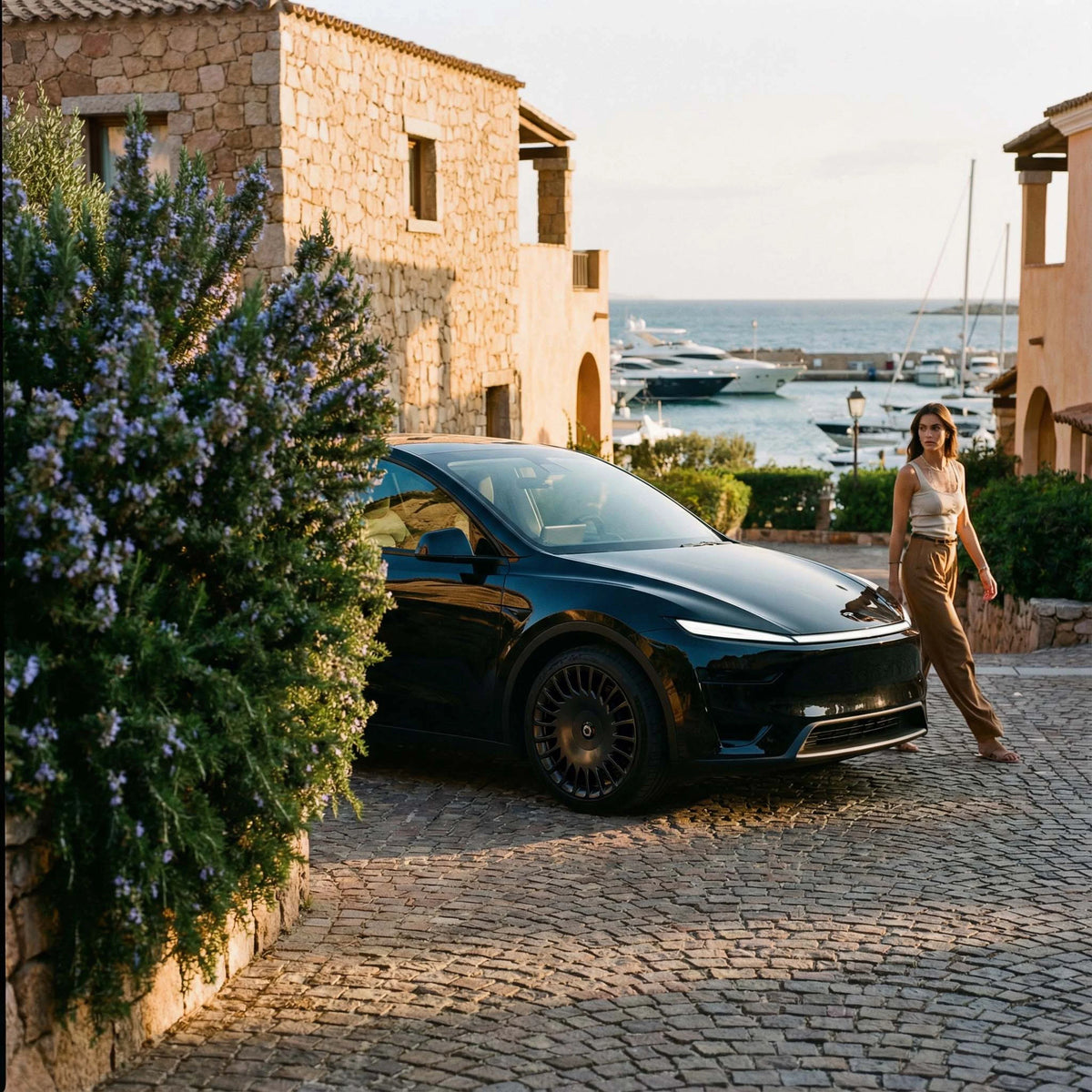 Schwarzes Tesla Model Y mit TNA Razor V2 Felgen 19 Zoll Smooth Stealth in der Seitenansicht an einem Hafen
