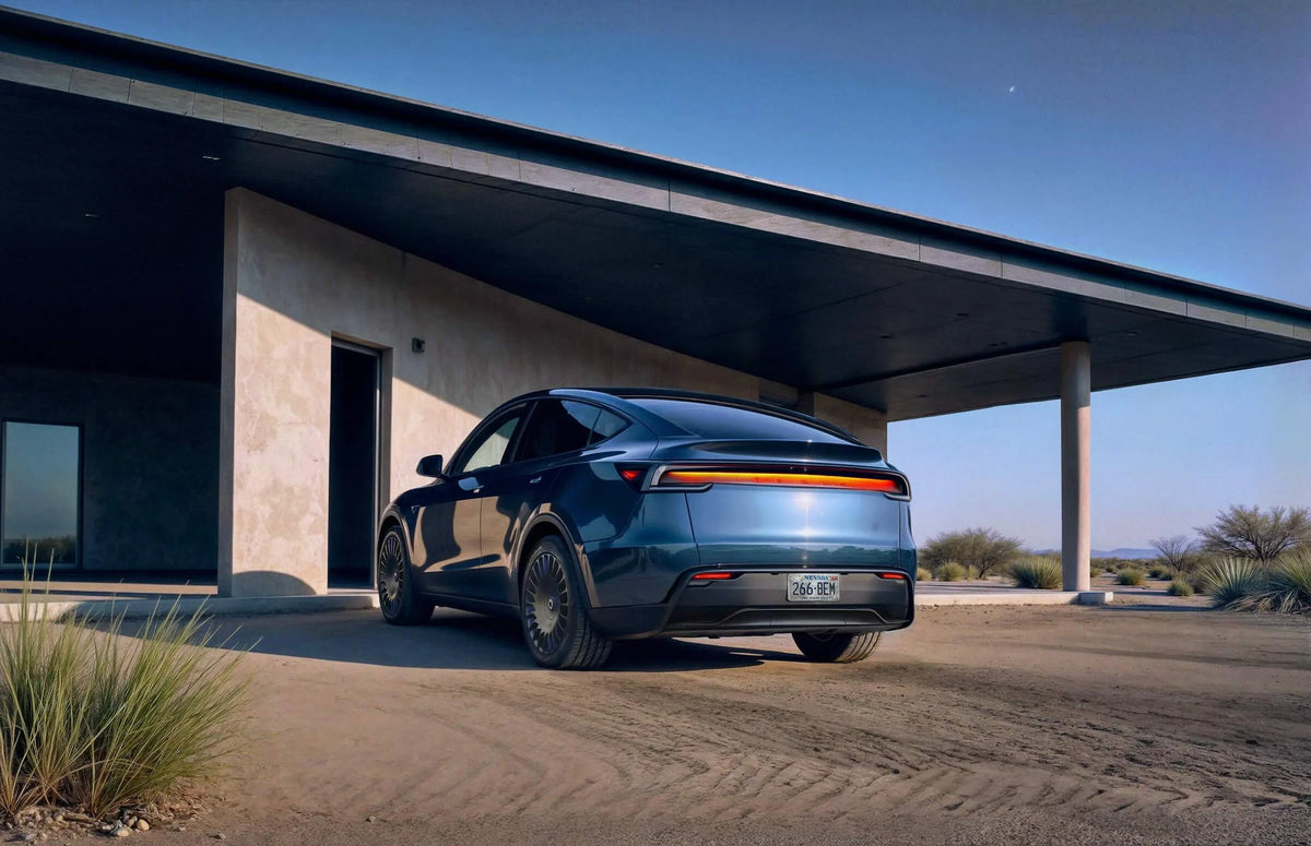 Tesla Model Y mit The New Aero Razor V2 Felgen 19 Zoll in Smooth Stealth, Heckansicht unter einem Carport