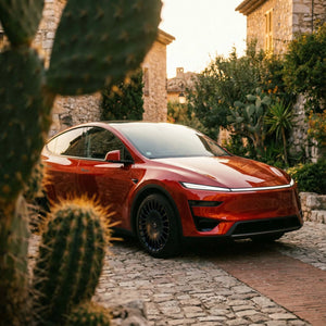 Rotes Tesla Model Y mit The New Aero Razor V2 Felgen 19 Zoll Smooth Stealth in einer Altstadtgasse
