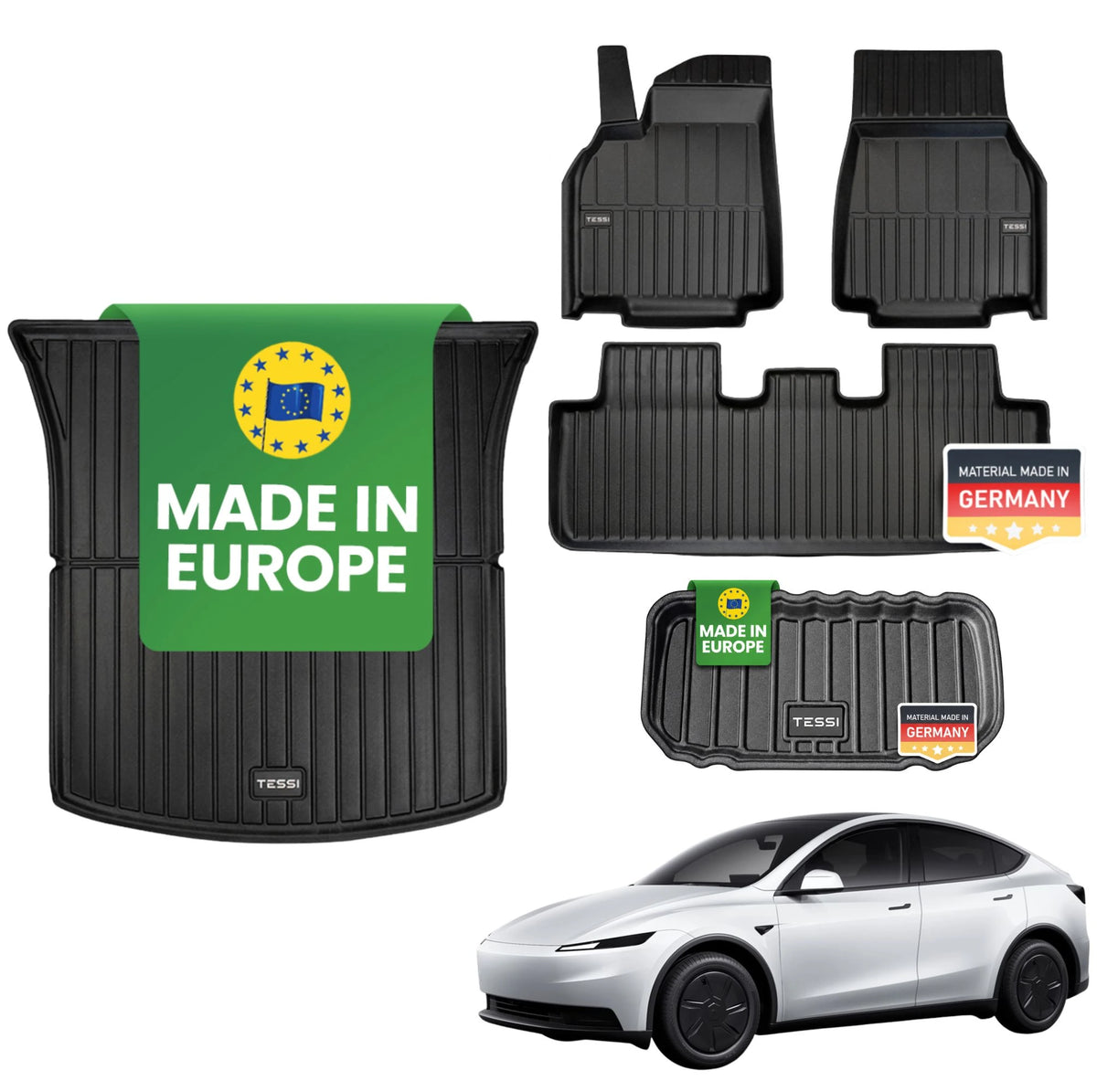 Tesla Model Y Standard 2026 Premium Gummimatten – Tessi® Greenline 5-teiliges Set | 75% Recycling, Made in EU, wasserdicht & passgenau