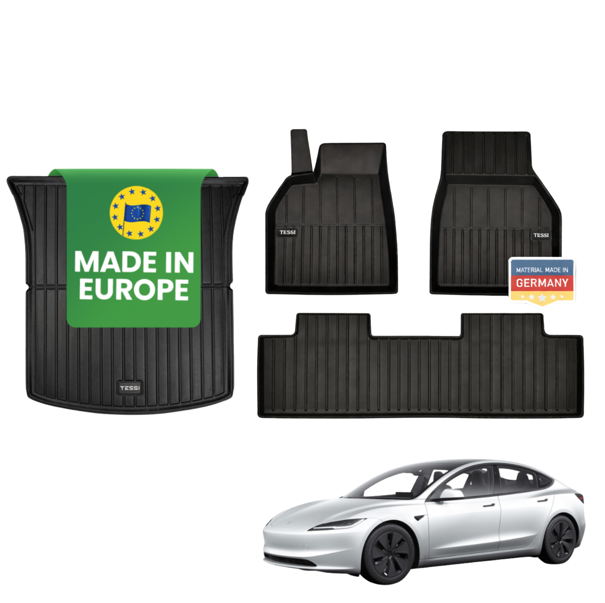 Tesla Model 3 Highland 4-teiliges Gummimattenset Innenraum Tessi® Greenline 75% Recycling Material