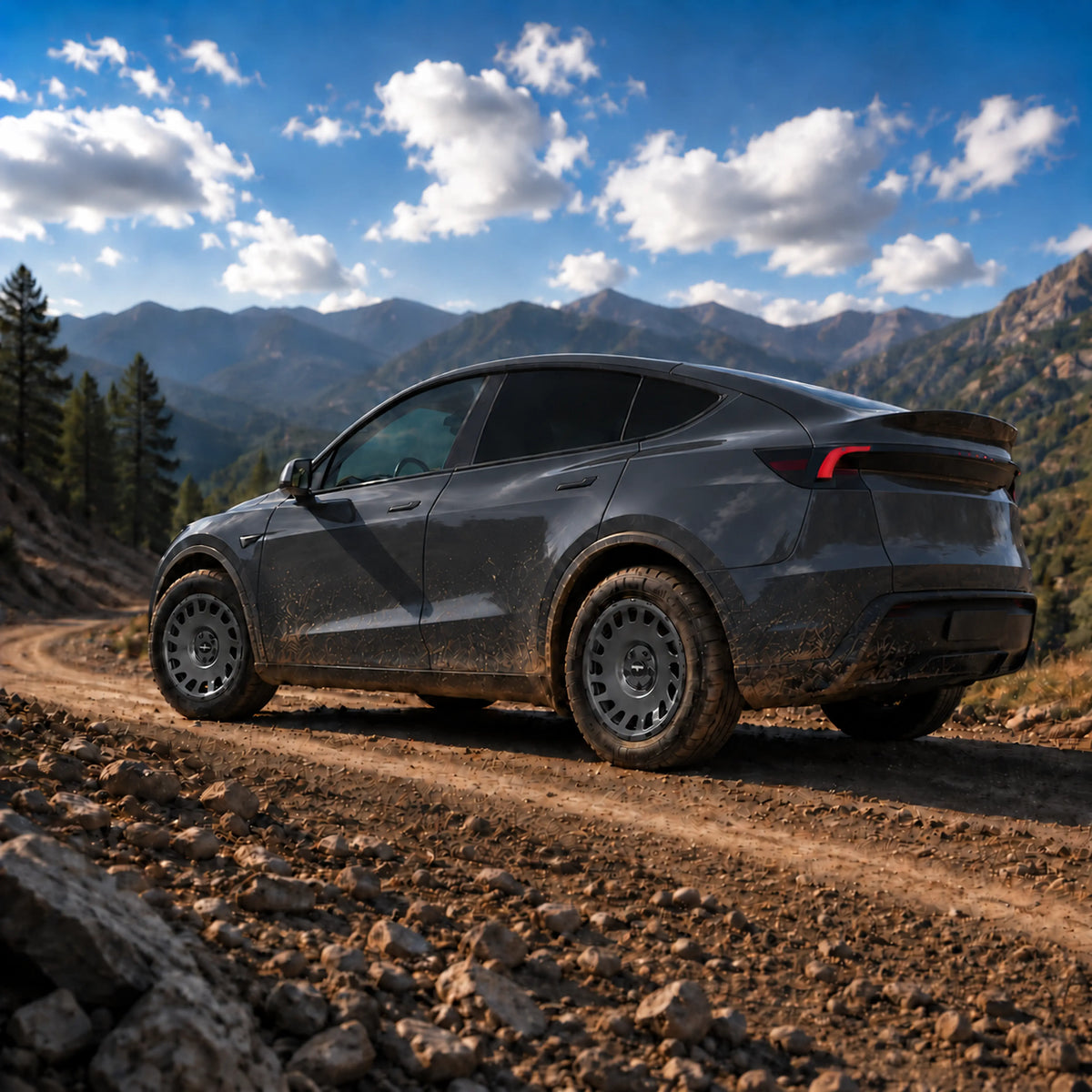 Tesla Model Y Juniper in Stealth Grey mit Erion 10 Kompletträdern in Chrome Shadow Grey Metallic