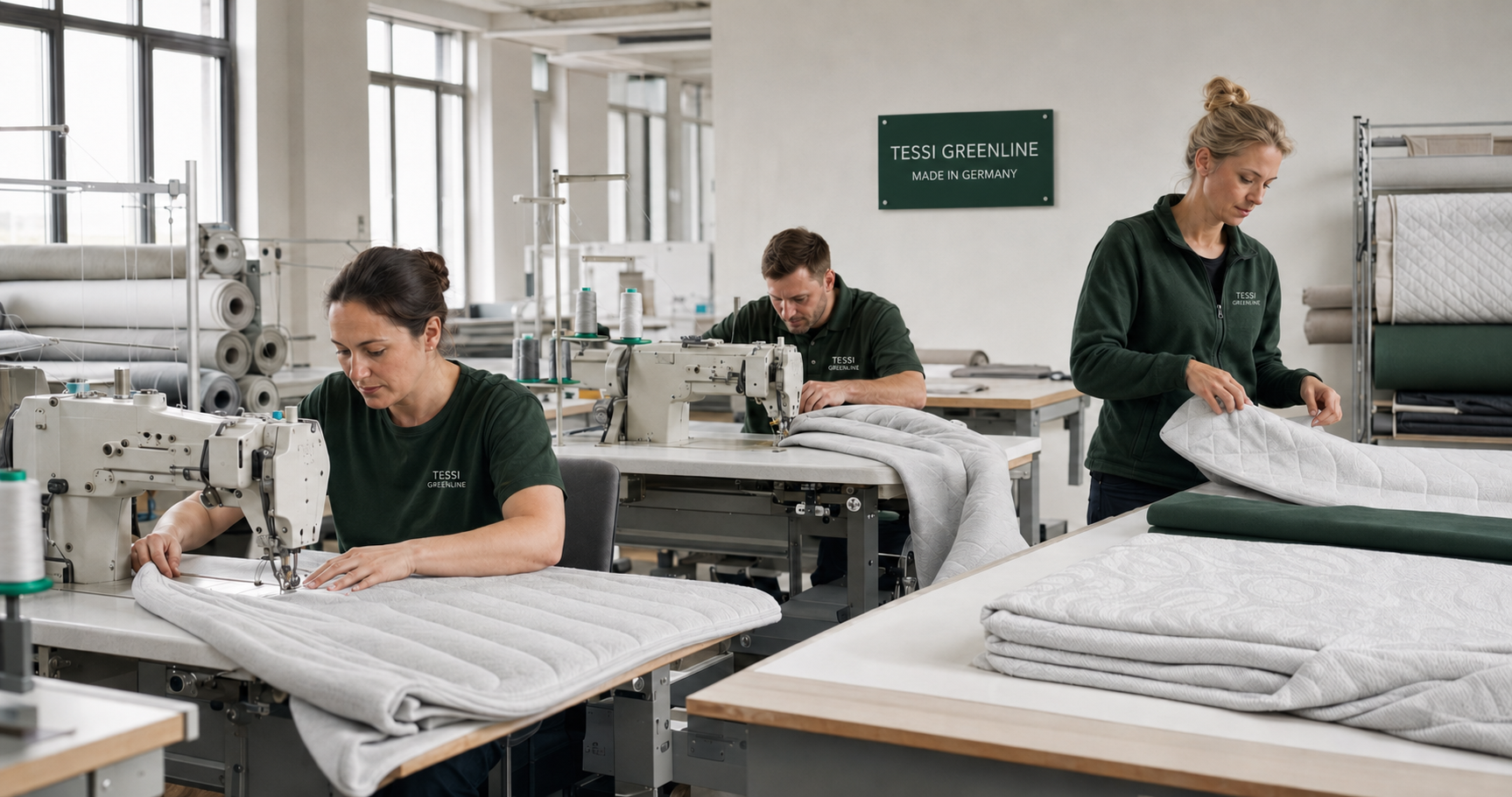 TESSI Greenline Fertigungsteam in einem sauberen deutschen Nähbereich mit Made in Germany