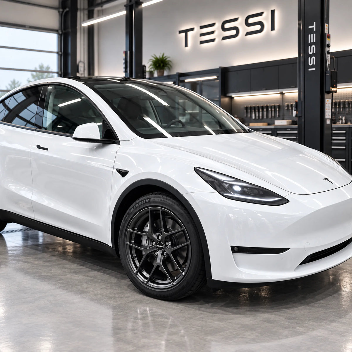 Borbet Y E-Grey 19 Zoll am weißen Tesla Model Y, Frontansicht