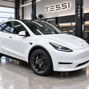 Borbet Y E-Grey 19 Zoll am weißen Tesla Model Y, Frontansicht